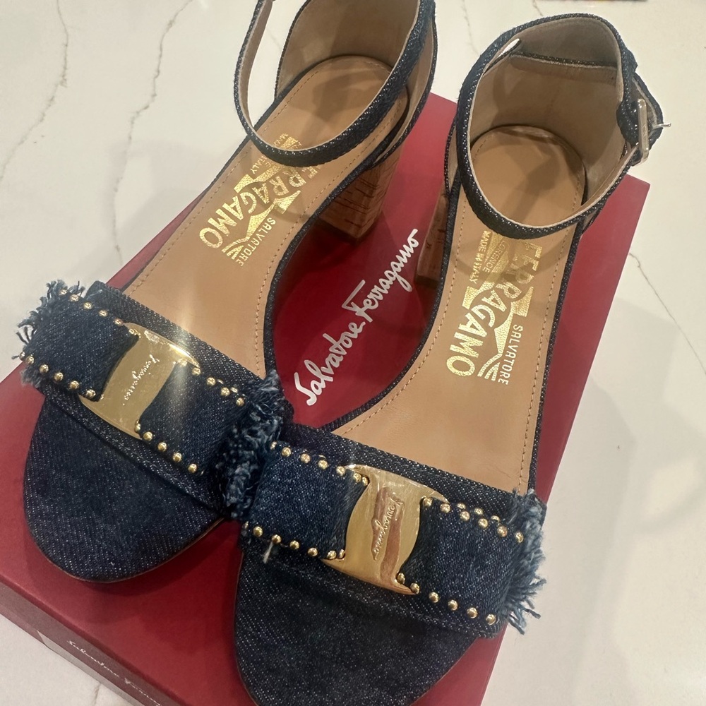 Salvatore Ferragamo Denim Wedges with Gold Details